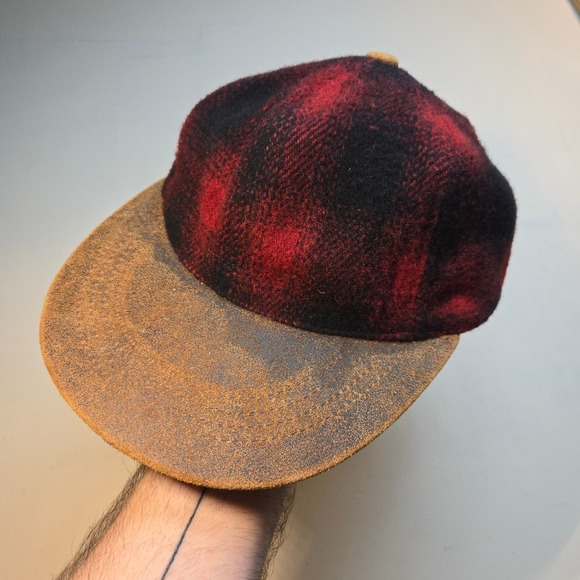 VTG Wool Leather Brim Plaid Hat Strapback Cap Red Black Brown Adjustable Smaller - Picture 2 of 10